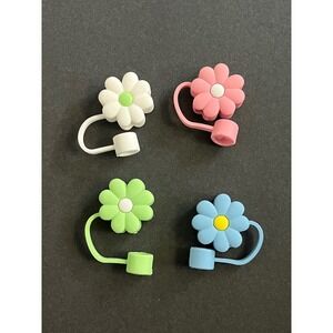 Set of 4 Daisy Flower Straw Toppers For Tumblers Reusable Silicone Dust Plug